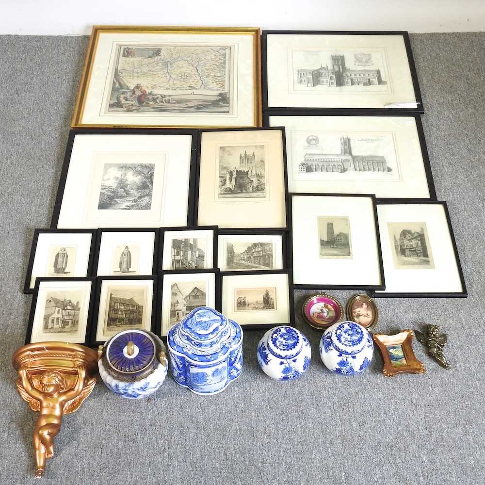 A collection of 19th century etchings and engravings, together with various decorative china