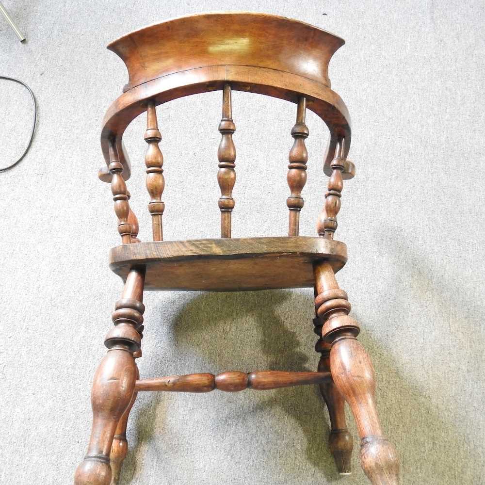 An early 20th century elm seated smokers bow armchair, together with an 18th century pembroke - Image 5 of 6