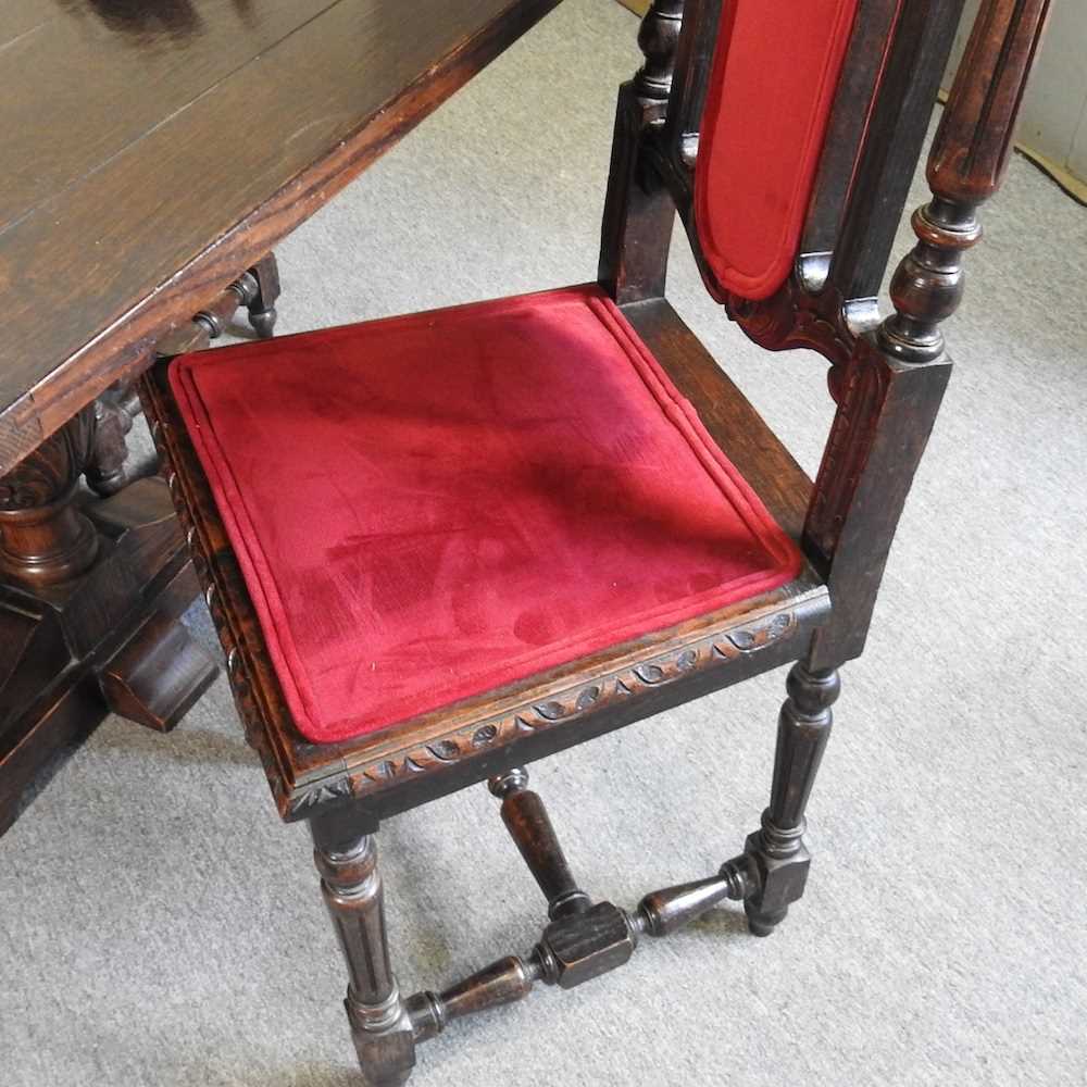 An Old Charm style oak draw-leaf dining table, on cup and cover legs, together with a set of early - Image 4 of 5