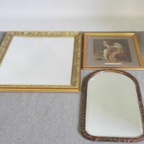 A large gilt framed wall mirror, 121 x 94cm, together with another smaller and a print (3)