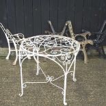 A white painted metal garden table base, 76cm wide, together with four pairs of metal bench ends (