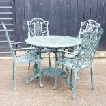 A green painted metal garden set, comprising a table, 92cm wide and four armchairs (5)