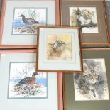 Joy, 20th century, ducks, signed watercolour, together with the pair and three others of cats (5)