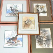 Joy, 20th century, ducks, signed watercolour, together with the pair and three others of cats (5)