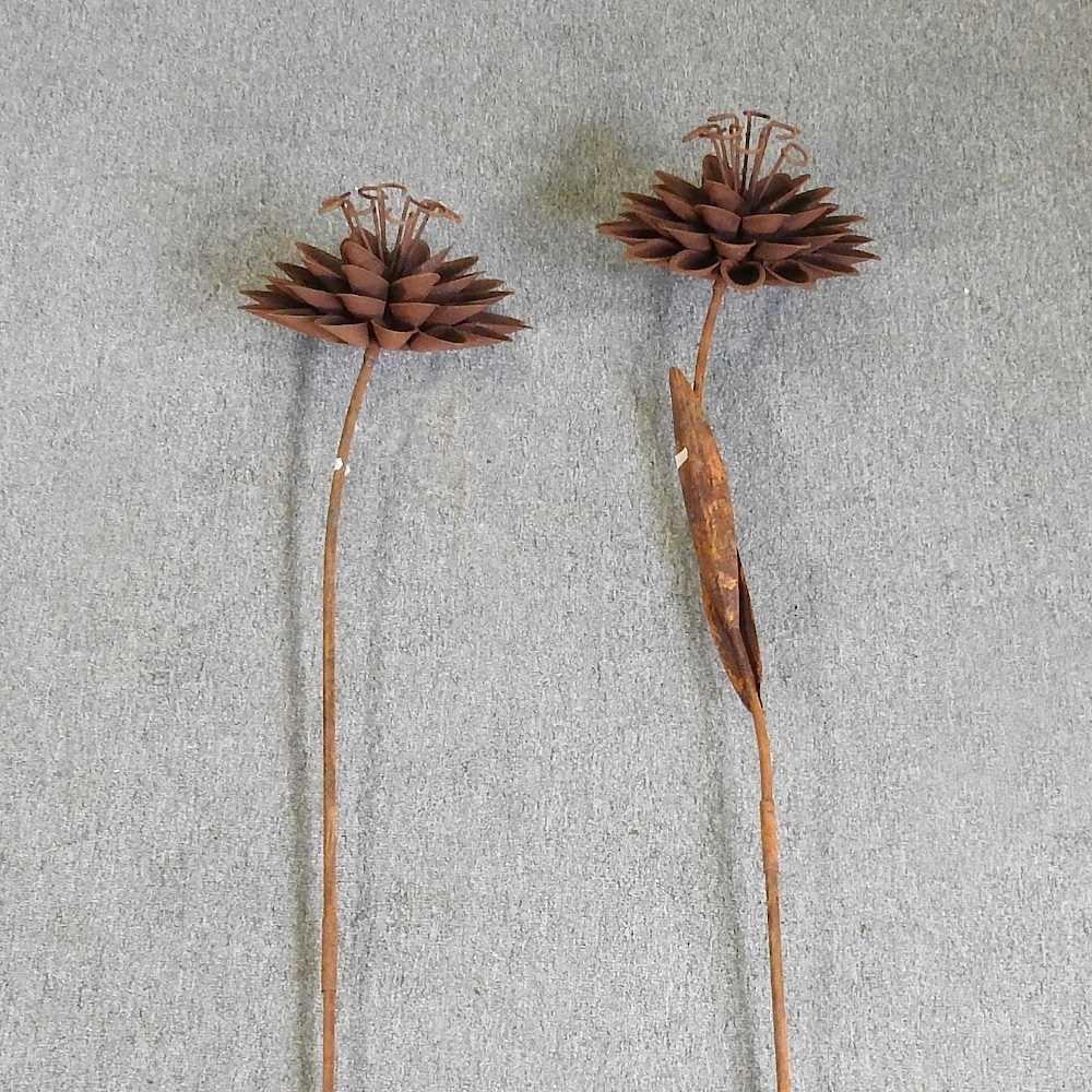 A rusted flower head plant support, and another, 145cm high (2)