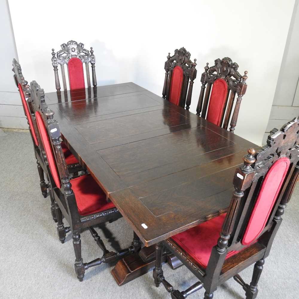 An Old Charm style oak draw-leaf dining table, on cup and cover legs, together with a set of early - Image 3 of 5