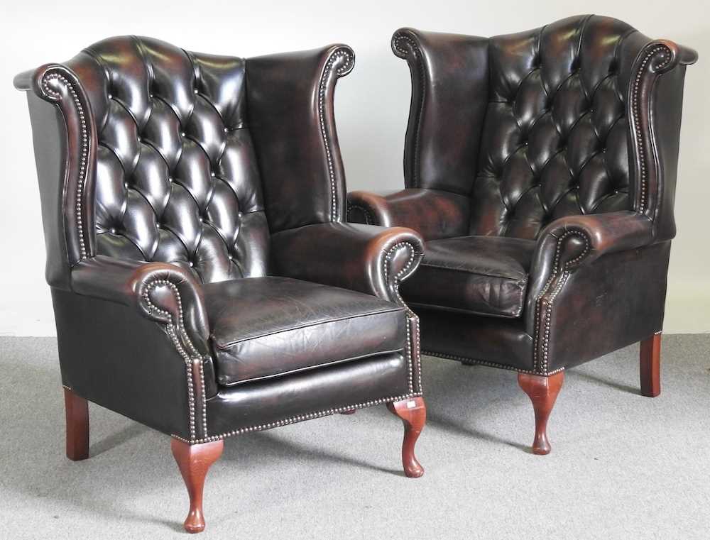 A pair of brown leather upholstered button back wing armchairs, on cabriole legs (2) - Image 7 of 7