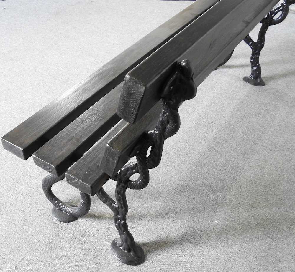 A Coalbrookdale style serpent cast iron garden bench, with a slatted wooden seat, 160cm wide - Image 2 of 5