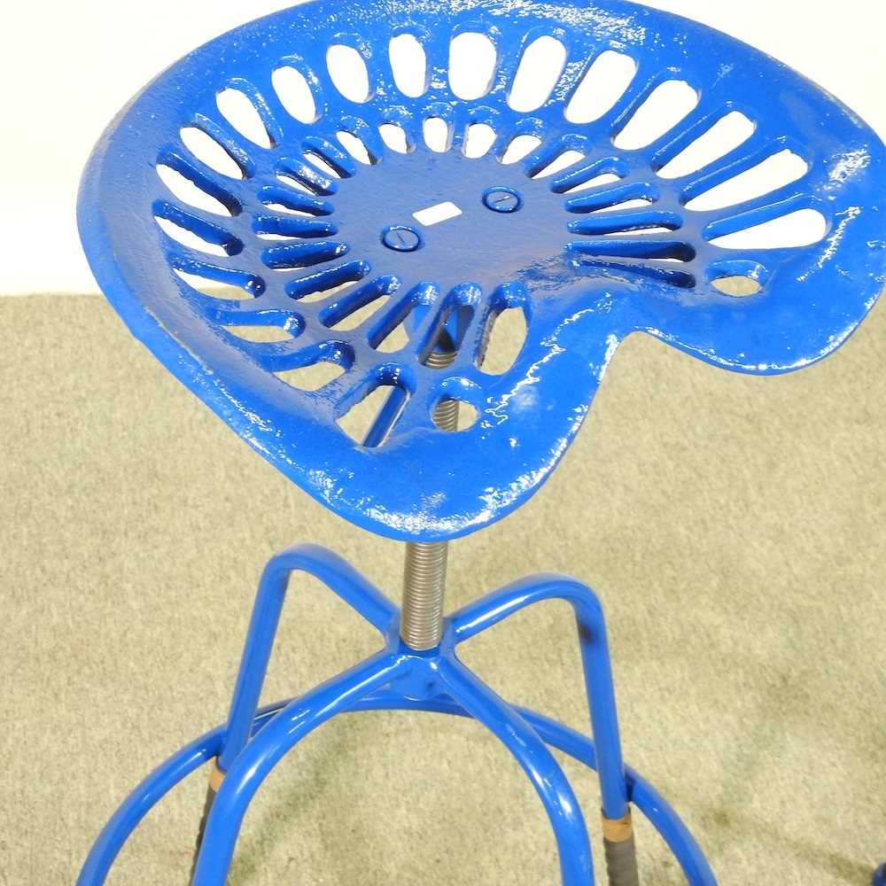 A pair of blue painted metal tractor seat bar stools (2) - Image 3 of 4