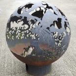 A hand made steel globe firepit, decorated with dragons, on stand, 102cm high