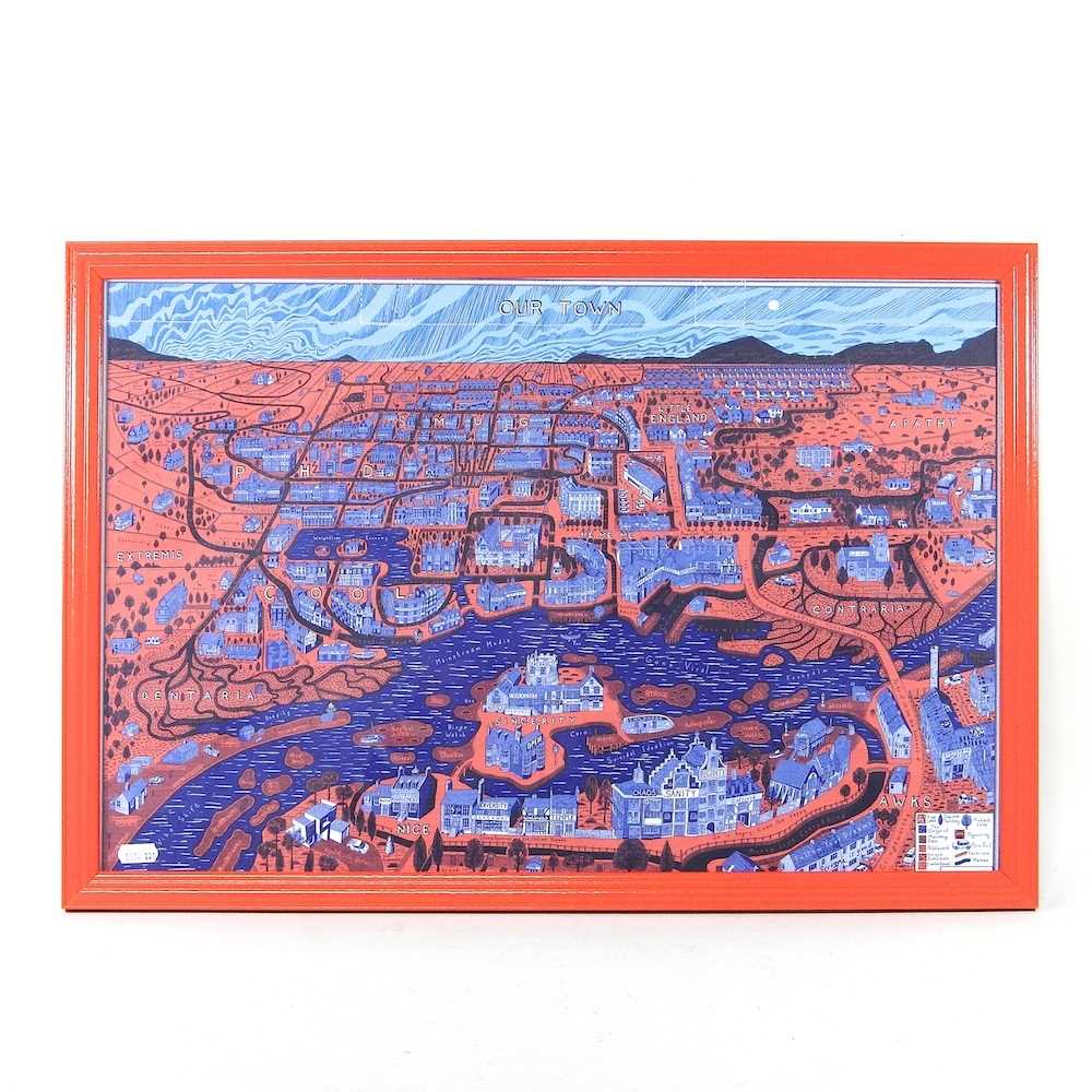 Sir Grayson Perry, CBE, RA Hons, FRIBA, b1963, Our Town, printed and stitched cloth, 39 x 59cm,