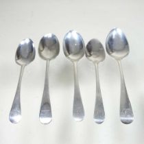 A collection of five various early 19th century silver Old English pattern teaspoons, 65g gross