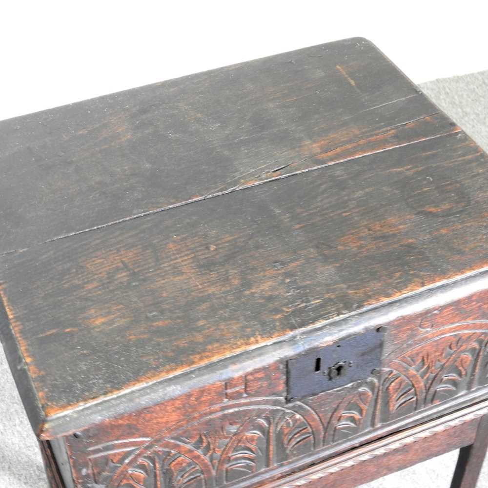 A 19th century carved oak Bible box, inscribed H G, on a later stand 55w x 44d x 66h cm - Image 3 of 5