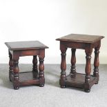 Two matching graduated oak occasional tables, on turned legs (2) 46w x 46d x 61h and 51h cm