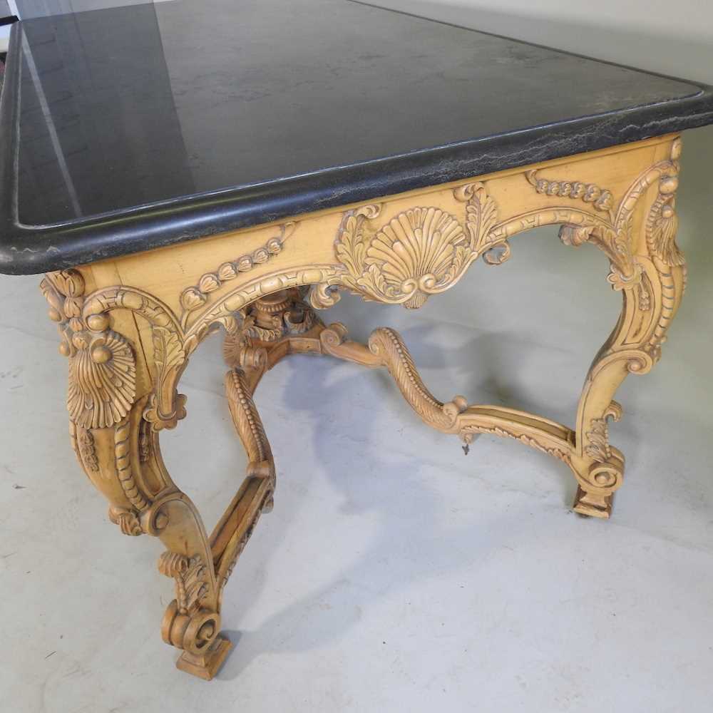 A large continental carved wood centre table, 20th century, the rectangular marble top, on an ornate - Image 4 of 11