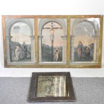 A religious triptych of The Crucifixion, engraving, 152 x 75 cm, together with another (2)