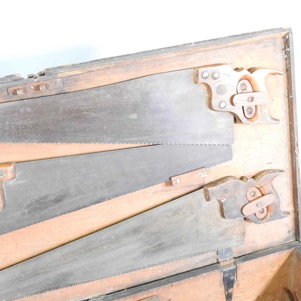 A 19th century wooden tool box, 106cm wide, containing a collection of vintage hand tools - Image 8 of 10