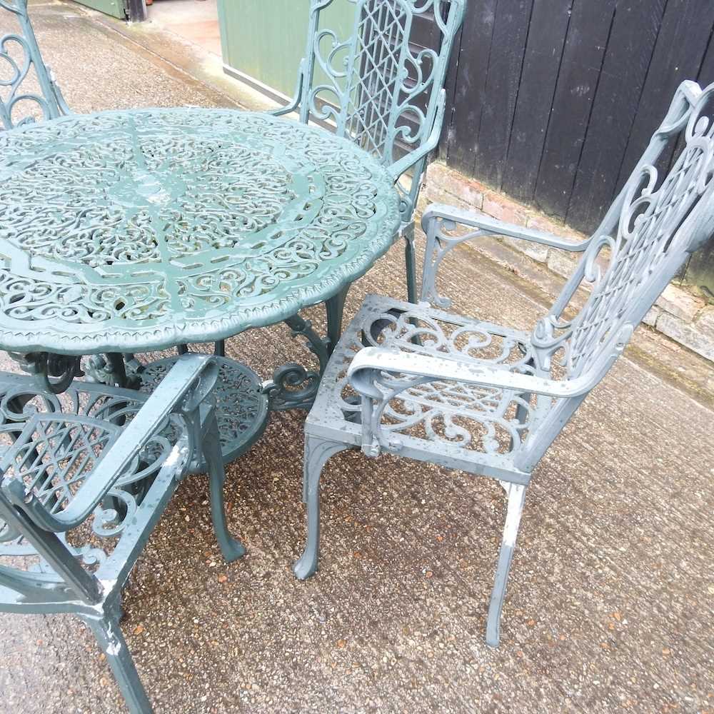 A green painted metal garden set, comprising a table, 92cm wide and four armchairs (5) - Image 3 of 3