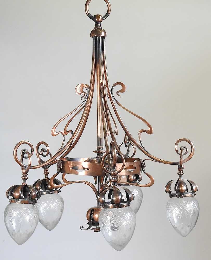 An Art Nouveau bronzed five branch chandelier, with whiplash supports and cut glass shades, 70cm - Image 3 of 3