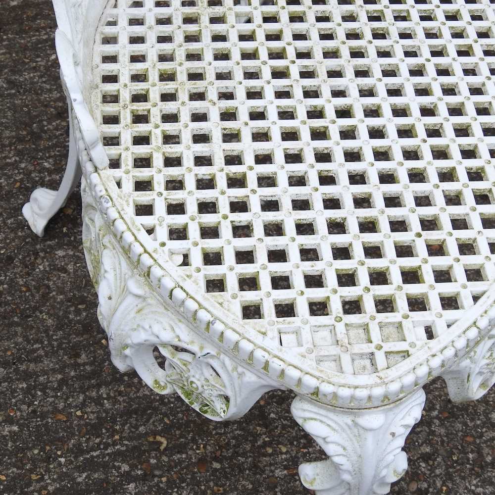 A white painted triple chair back metal garden seat, 136cm wide 133w x 56d x 84h cm Overall - Image 4 of 5