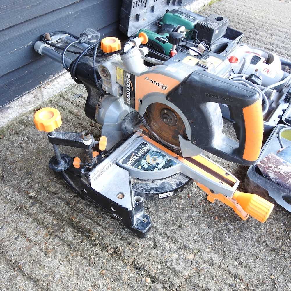 An Evolution chop saw, together with a rotary hammer drill, a cordless drill and a detail sander ( - Image 2 of 4