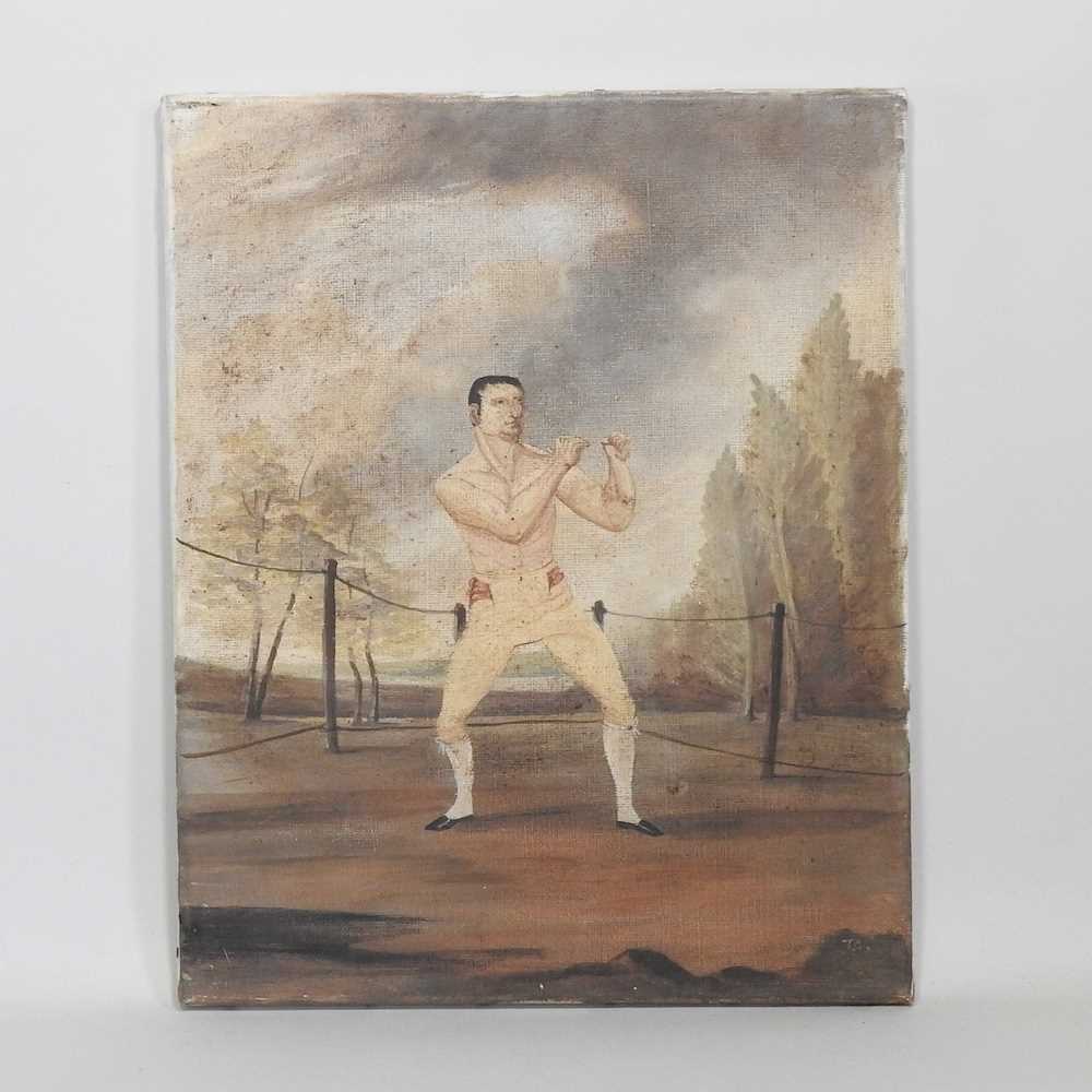 English school, 20th century, a bare fisted boxer in a ring, oil on canvas, unframed , 51 x 41cm