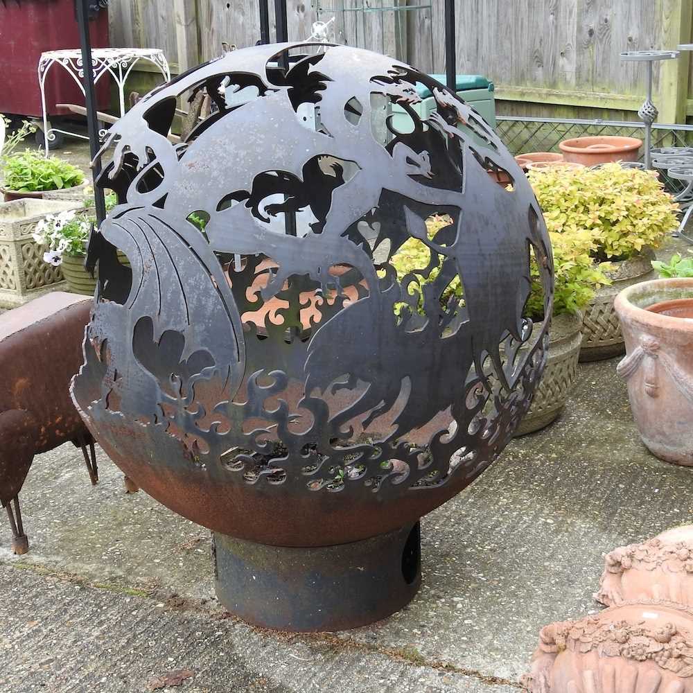 A hand made steel globe firepit, decorated with dragons, on stand, 102cm high - Image 2 of 8