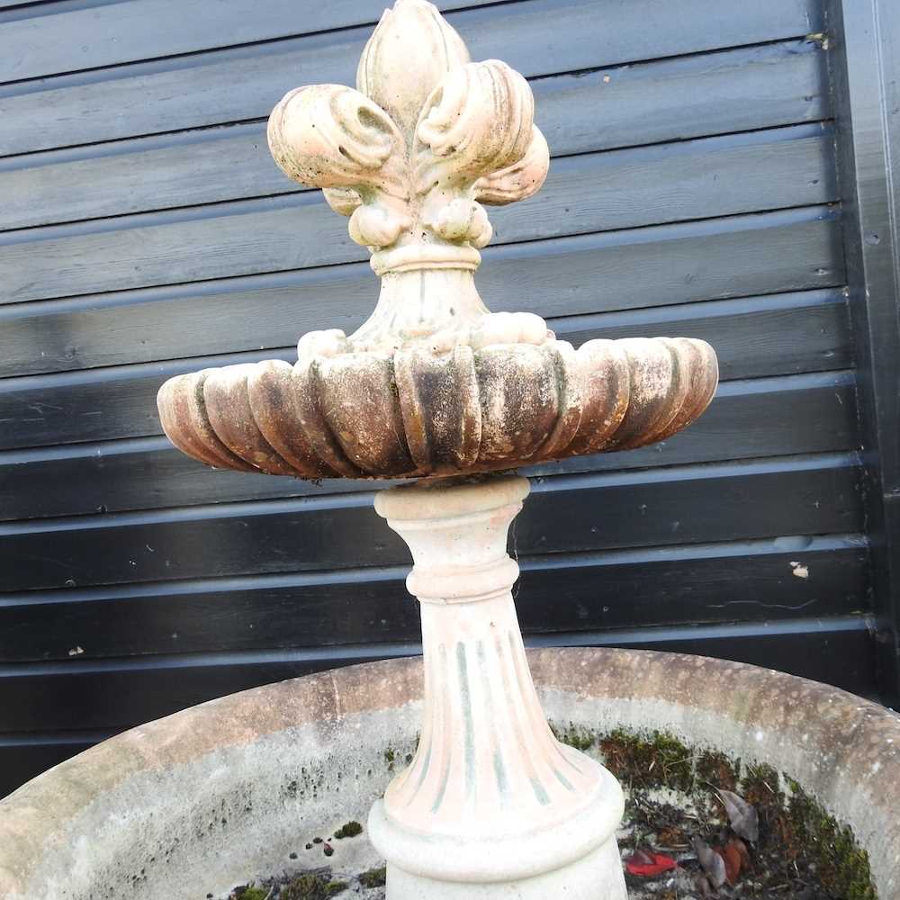 A large terracotta coloured stone garden fountain, with lion mask decoration, on a plinth base, - Image 3 of 5