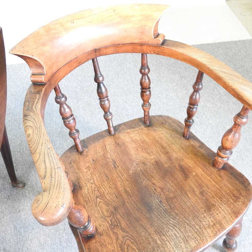 An early 20th century elm seated smokers bow armchair, together with an 18th century pembroke - Image 3 of 6