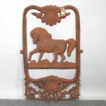 A Victorian rusted metal horse window 50w x 81h cm