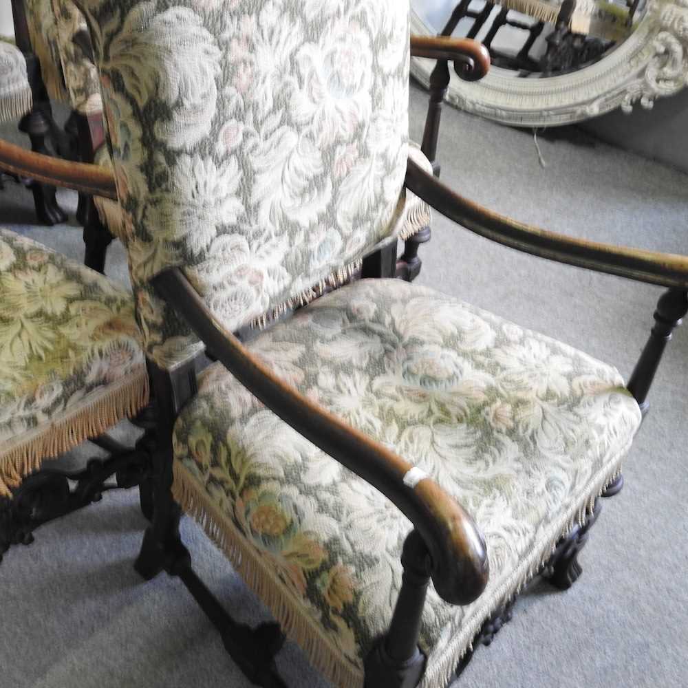 A set of six Carolean style carved walnut elbow chairs, with floral upholstery (6) - Image 3 of 5