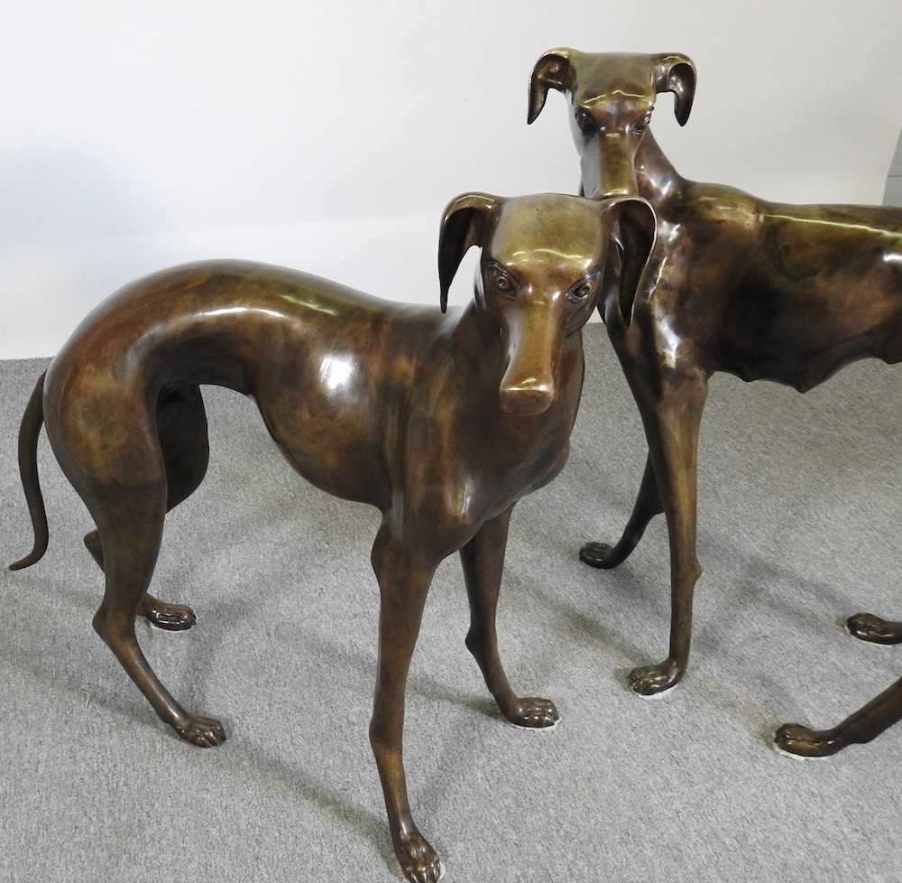 A pair of life sized bronze sculptures of greyhounds, each shown standing, 84cm high (2) - Image 4 of 6