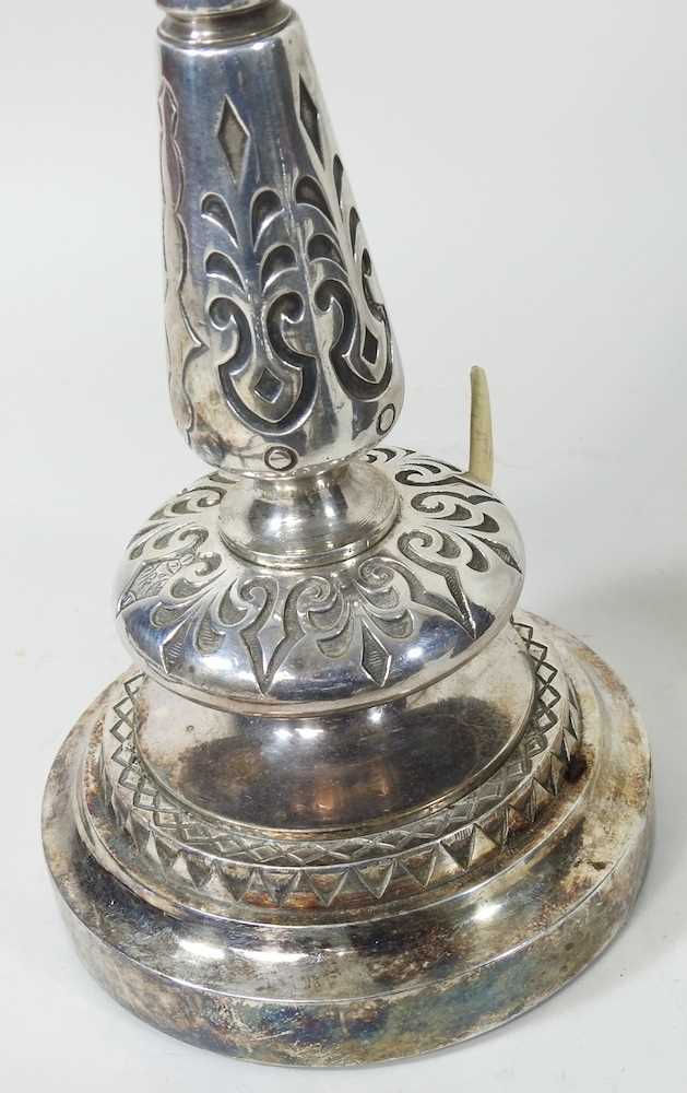 A Victorian silver plated table lamp base, with Registration diamond, 41cm high, together with an - Image 5 of 9