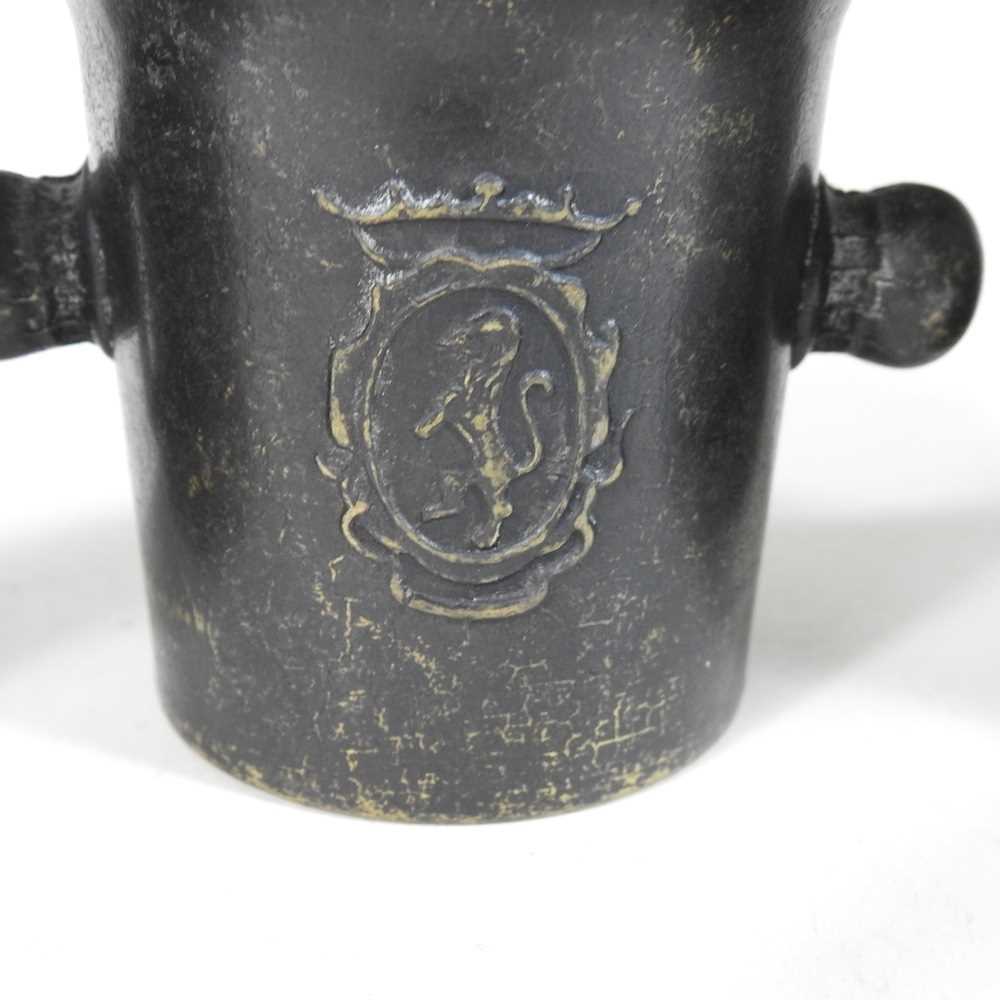 A bronze pestle and mortar, inscribed niette verwin anno 1480, 13cm high, together with another - Image 4 of 4