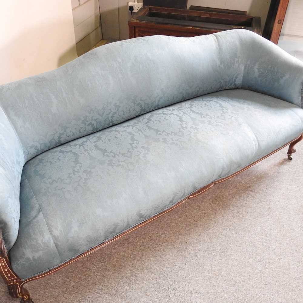 A 19th century carved mahogany and blue upholstered hump back show frame sofa, on cabriole legs 180w - Image 5 of 8