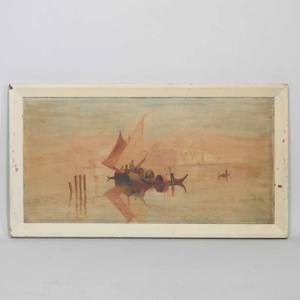 Italian School, 19th century, a venetian scene, oil on board, indistinctly signed, 24 x 48cm