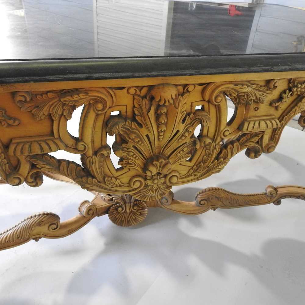 A large continental carved wood centre table, 20th century, the rectangular marble top, on an ornate - Image 7 of 11