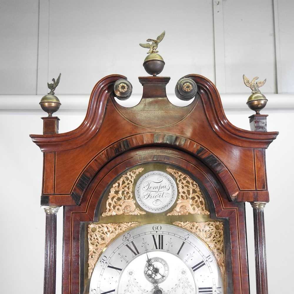A George III oak and mahogany crossbanded cased longcase clock, with a swan neck pediment, the - Image 8 of 12