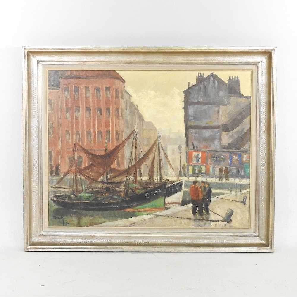 Back, 20th century, continental harbour, signed and dated 50, oil on canvas, 69 x 89cm