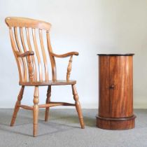 A 19th century French cylinder pot cupboard, together with a 19th century elm seated splat back