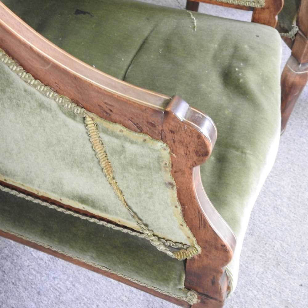 A pair of Edwardian marquetry green upholstered armchairs, on cabriole legs (2) - Image 5 of 7