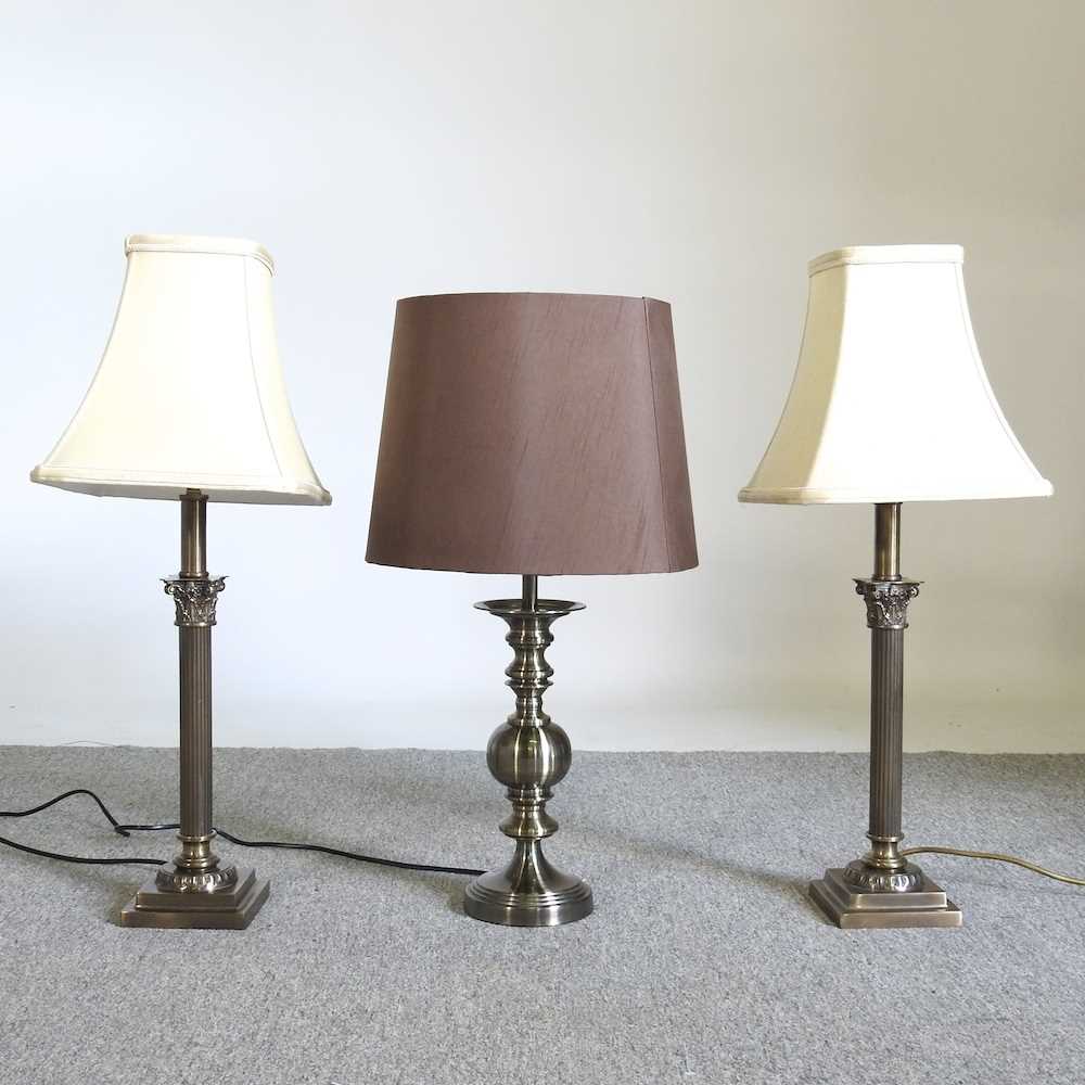 A pair of modern table lamps and shades, 67cm high, together with another (3)