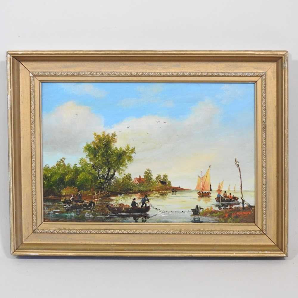 Dutch school, 19th century, river landscape with fishermen, oil on board, 19 x 29cm - Image 3 of 10