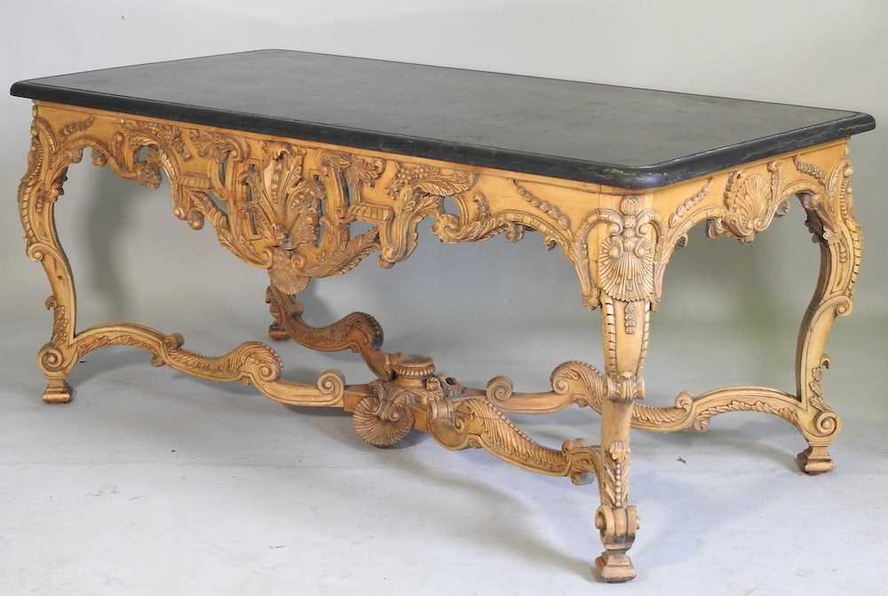 A large continental carved wood centre table, 20th century, the rectangular marble top, on an ornate - Image 3 of 11