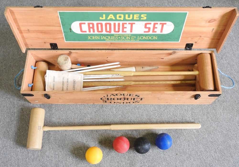 A Jaques croquet set, in a wooden box 107w x 27d x 19h cm Overall condition is used, but complete - Bild 3 aus 5