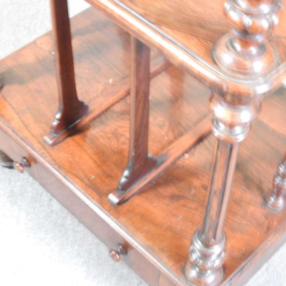 A 19th century rosewood canterbury whatnot, with a drawer below, on turned legs 56w x 41d x 104h cm - Image 4 of 5