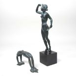 A small bronzed figure of lady, on a plinth base, 25cm high, together with another (2)
