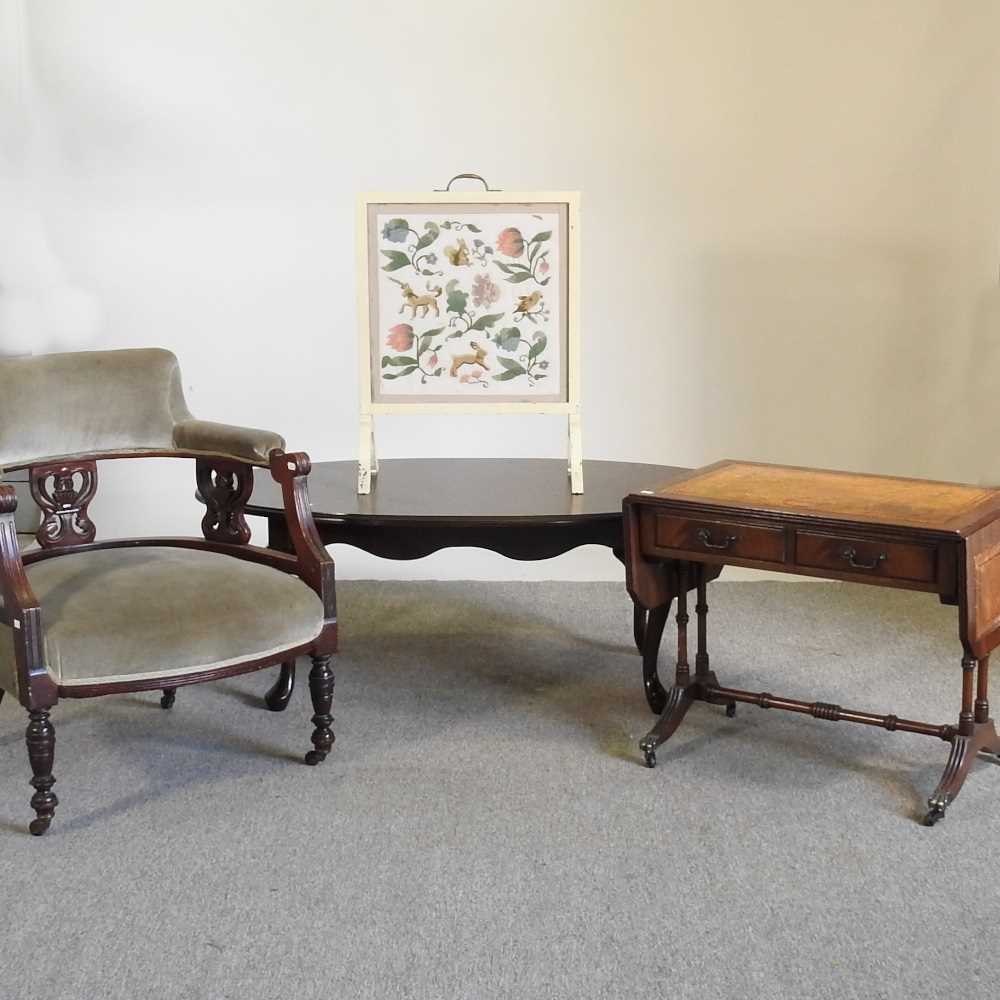 A reproduction sofa table, together with a painted firescreen, a coffee table and a Victorian