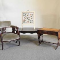 A reproduction sofa table, together with a painted firescreen, a coffee table and a Victorian