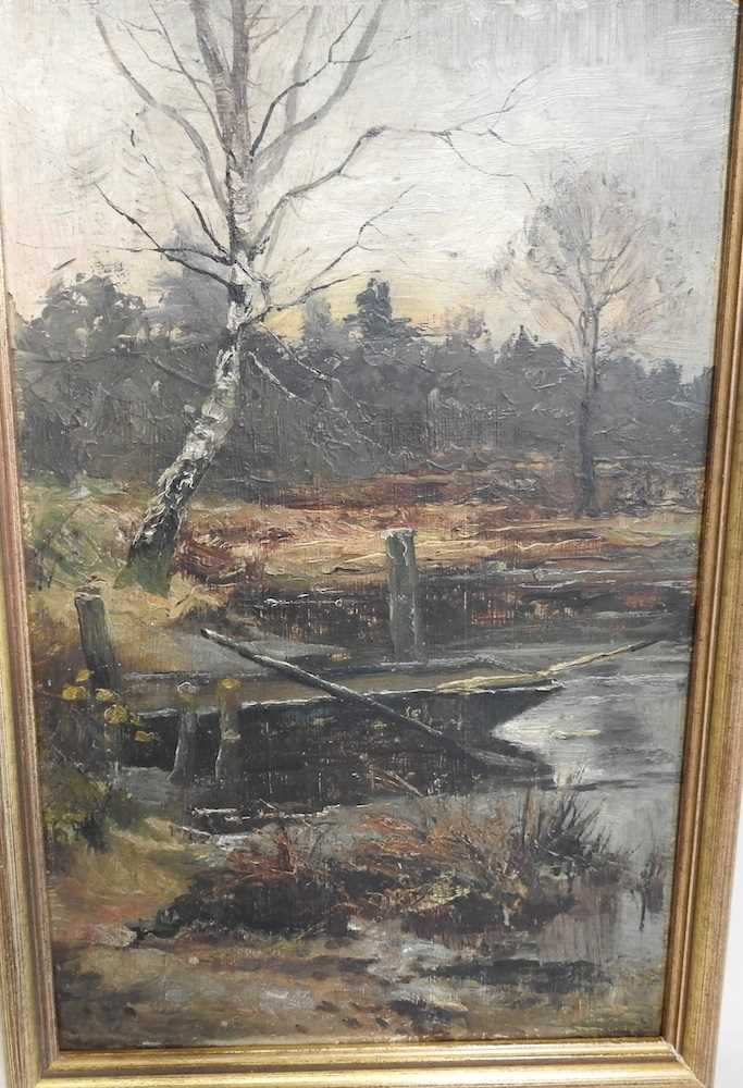 English school, early 20th century, a wooded river landscape, oil on board, 37 x 23cm - Image 2 of 7